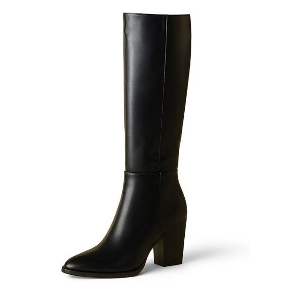 Putu Women's US 8.5 Black Knee High Boots Pointed Toe Chunky Block Heel Zipper